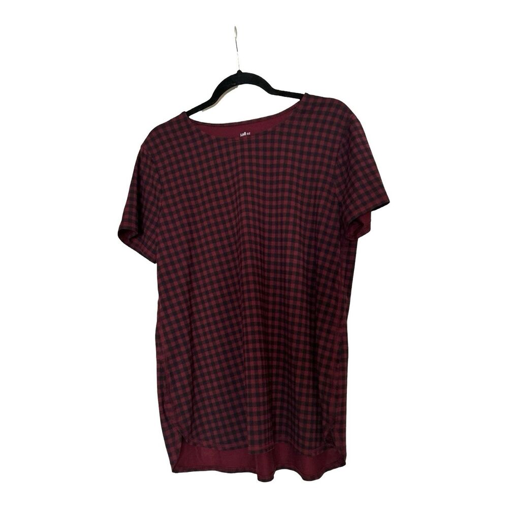 J.Jill Fit Progress Shirttail Tee Burgundy Black Check Crew Neck Pima Cotton L